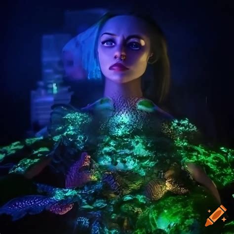 Glowing biopunk cityscape with green moss, plants, mushrooms, crystals, and cyborg goddesses on ...