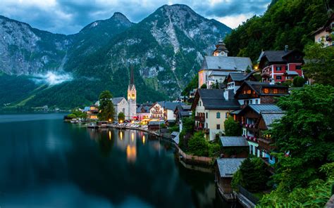 Hallstatt, Salzkammergut, Austria, mountains, evening, lake, boats ...