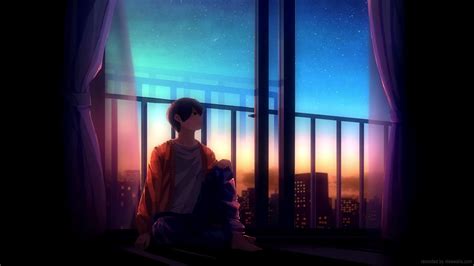 Lonely Anime Boy Sitting On Balcony Live Wallpaper - MoeWalls