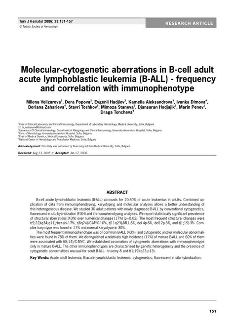 Molecular-Cytogenetic Aberrations in B-Cell Adult Acute Lymphoblastic Leukemia (B-ALL ...