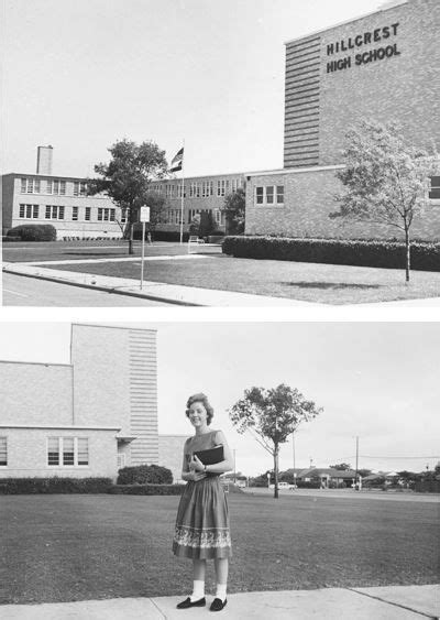 two pictures of a woman standing in front of a high school and another photo of a building