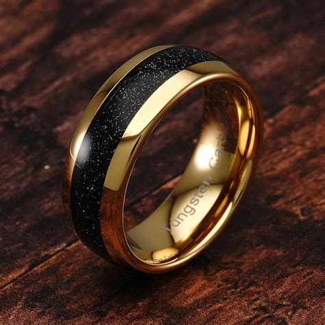 Tungsten Ring for Men Wedding Band Black Sandstone Inlaid Gold Dome – 100S JEWELRY