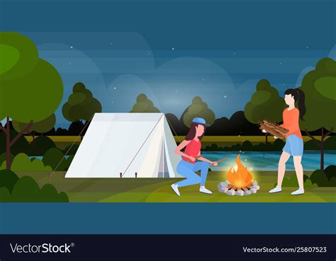 Couple hikers making fire girls holding firewood Vector Image