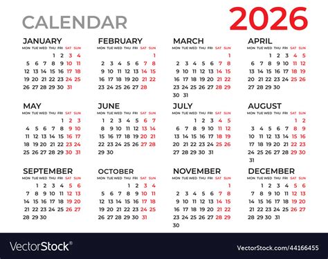 Calendar 2026 template planner year Royalty Free Vector