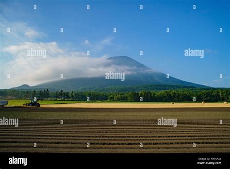 The beautiful Mount Yotei with dirt below at Hokkaido, Japan Stock ...