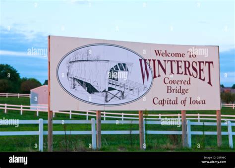 Winterset Iowa home of Bridges Of Madison County, bridges, sign for town and bridges Stock Photo ...