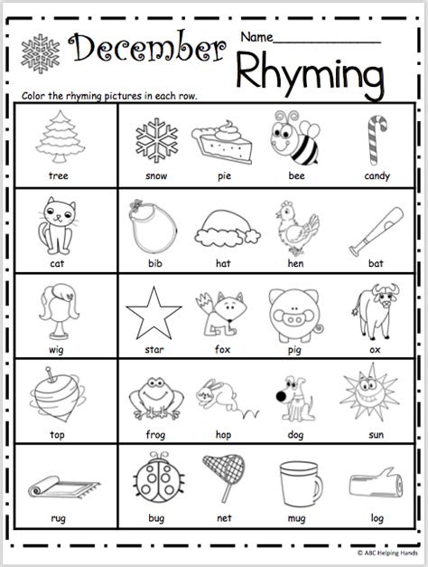 Free Kindergarten Rhyming Worksheets for December - Made By Teachers