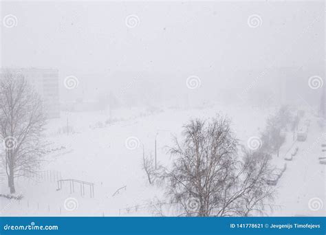 Snowy Landscape - Snowstorm View from the Window Aerial Drone Shot with Poor Visibility Stock ...