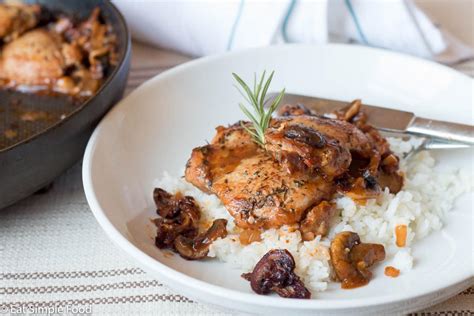 Chicken Thighs With Mushroom Gravy and Rice Recipe / Video - Eat Simple ...