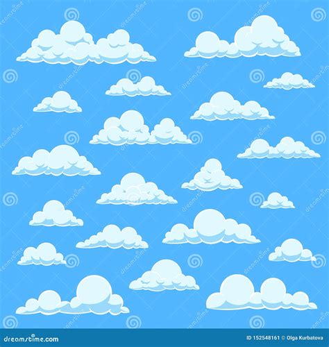 Cartoon White Clouds. Blue Sky with Different Cloud Shapes. Cute Summer ...