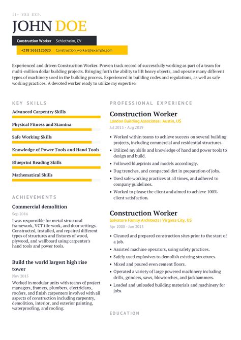 Construction Worker Resume Example With Content Sample | CraftmyCV