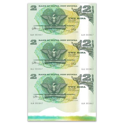 Papua New Guinea 1975 PNG 2 Kina Strip of 3 Uncut Paper Banknotes