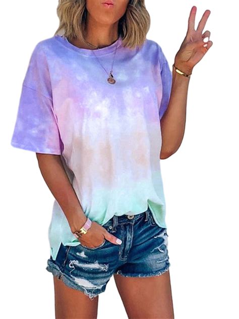 Selfieee - Selfieee Women's Tie Dye Shirts Short Sleeve Loose Pullover Tee Tops 20142 Sapphire ...