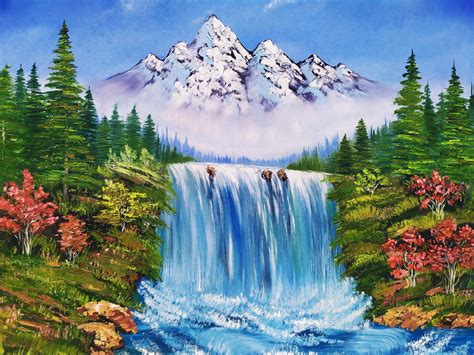 MOUNTAIN'S WATERFALL SCENERY BY ARTOHOLIC (ART_3319_63535) Handpainted Art Painting 24in X 24in ...