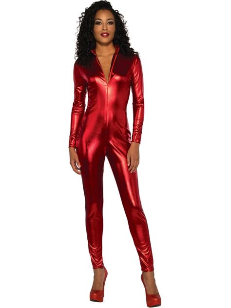 Women's Red Secret Agent Slinky Metallic Stretch Jumpsuit Costume - Walmart.com