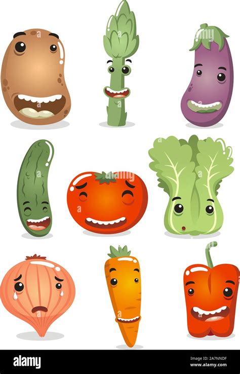 Happy Vegetable Characters, with smiling potato, happy asparagus, happy ...