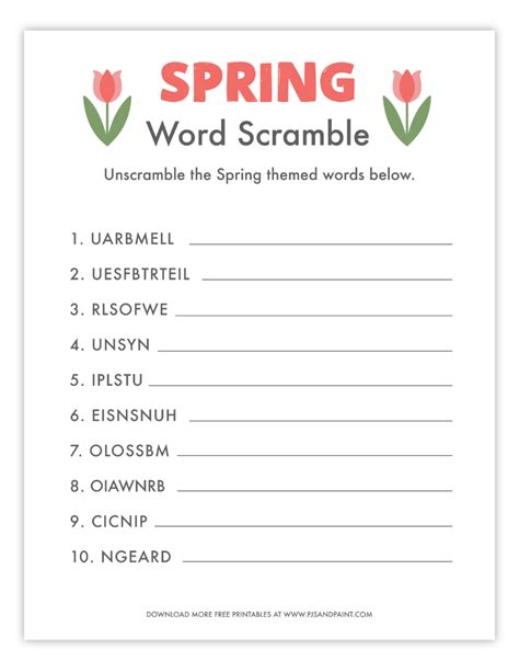 Free Printable Spring Word Scramble - Pjs and Paint