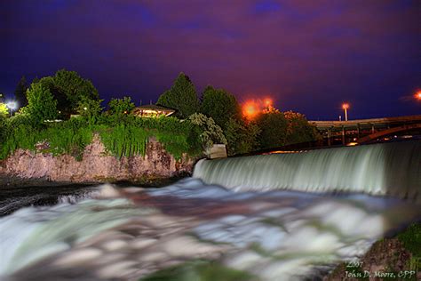 Water flowing over the Spokane River Falls, night photos, Spokane ...