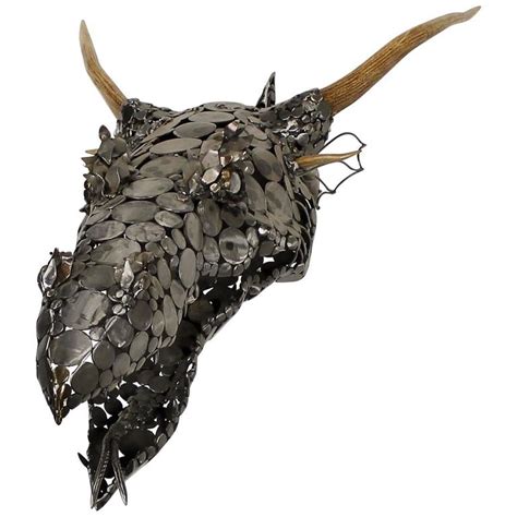 Dragon Head Scrap Metal and Antler 3D Wall Sculpture by Jason Startup ...