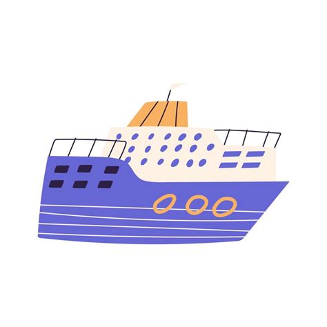 Big cruise ship in hand drawn childish style, cartoon flat vector illustration isolated on white ...