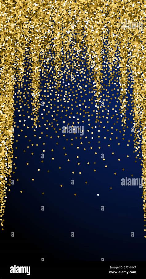 Round gold glitter luxury sparkling confetti. Scattered small gold particles on dark blue ...