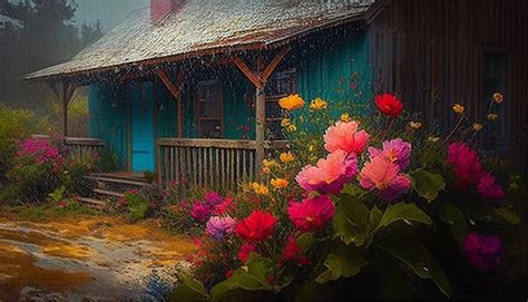 Premium AI Image | A painting of a house with flowers in front of it.