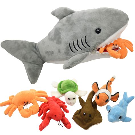 Buy Plush Shark 15 Inch with 6 Soft Baby Sea Creatures for Hungry Great ...