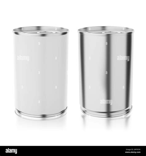 Two tin cans, product design mock-up. Isolated on white background. 3D rendering illustration ...