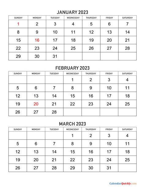 January to March 2023 Calendar | Calendar Quickly