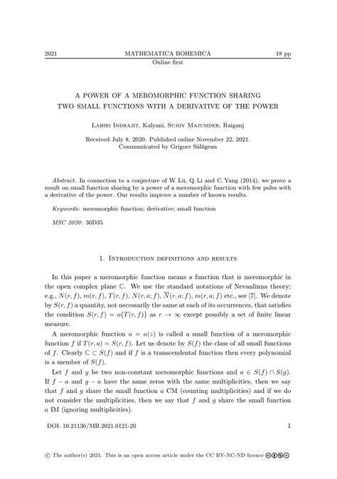 (PDF) A power of a meromorphic function sharing two small functions with a derivative of the power