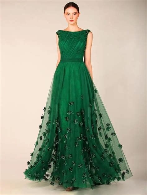 Fashionable Evening Dress 2015 Emerald Green Tulle Cap Sleeve Party Dresses Women Formal Prom ...