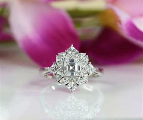 Asscher Cut Engagement Ring, Halo Wedding Ring, Marquise Cut Ring ...