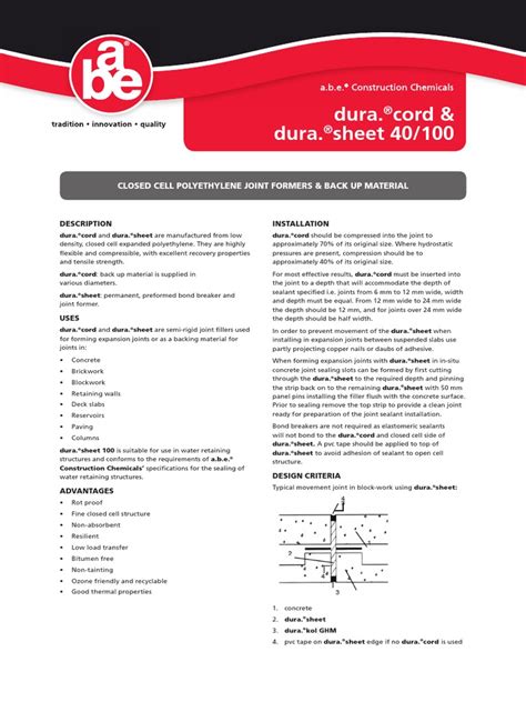 Dura. Cord & Dura. Sheet 40/100: Closed Cell Polyethylene Joint Formers & Back Up Material | PDF ...