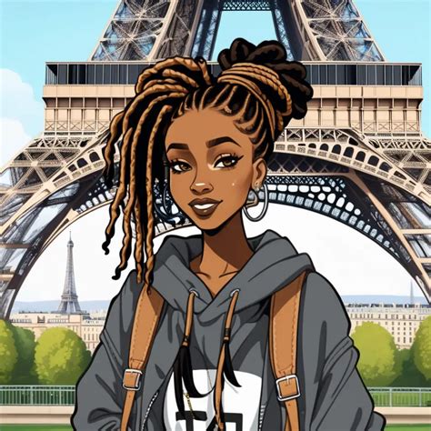 Stylish Cartoon College Fashion Black Girl with Dreads at the Eiffel ...