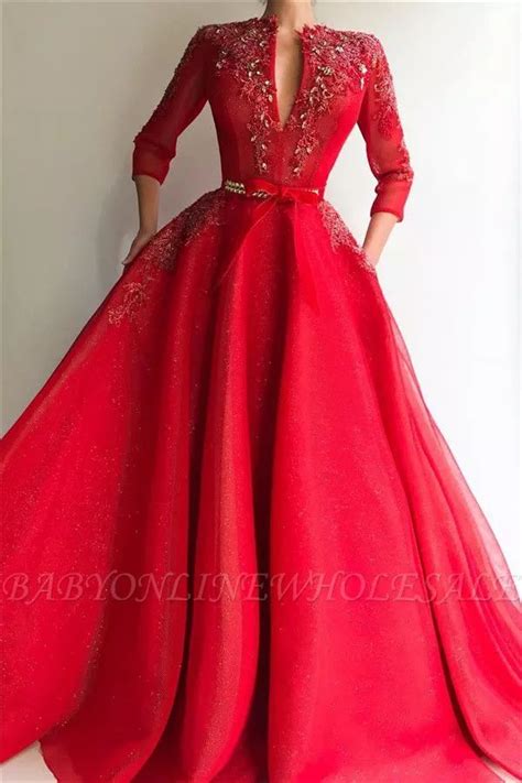 Sparkly Sequins Tulle V Neck Red Prom Dress | Charming Jewel 3/4 Sleeves Appliques Long Prom ...