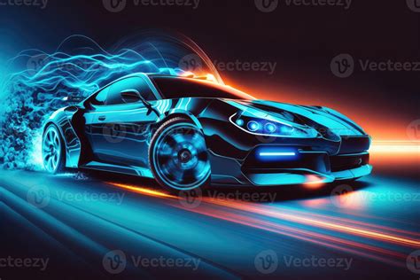 3D Speeding sports car on highway. Powerful acceleration of a supercar on a night track with ...