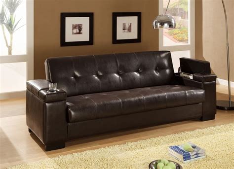 Faux Leather Convertible Sofa Sleeper With Storage And Cup Holders ...