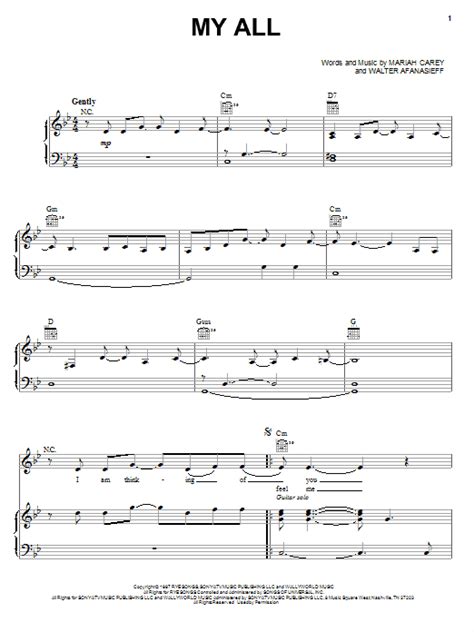 My All by Mariah Carey Sheet Music for Piano, Vocal & Guitar Chords (Right-Hand Melody) at Sheet ...