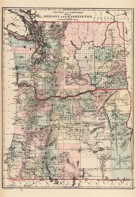 County and Township Map of Oregon and Washington - Art Source International