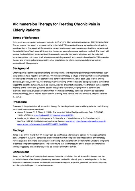 VR therapy report - VR Immersion Therapy for Treating Chronic Pain in ...