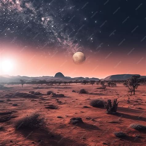 Premium AI Image | A desert with a full moon and stars in the sky.