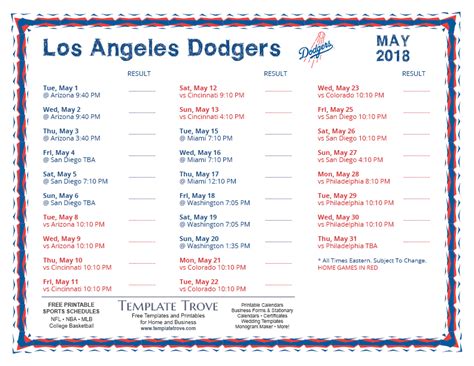 Dodgers Printable Schedule