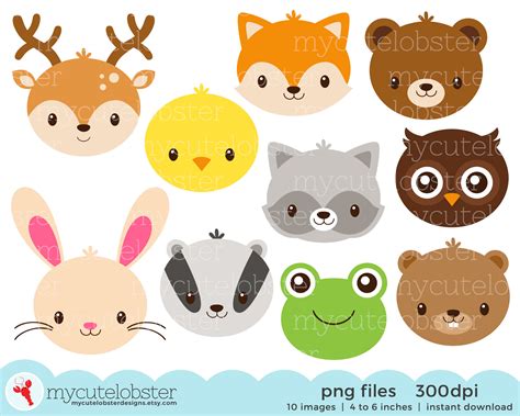 Woodland Animal Faces Clipart Set cute animals rabbit | Etsy