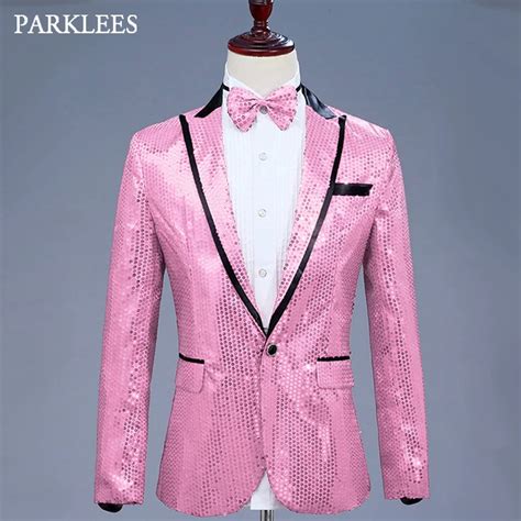 Mens Glitter Blazer Jacket With Bow Tie Pink Sequins Dress Suit Men Nightclub Prom Stage Show ...