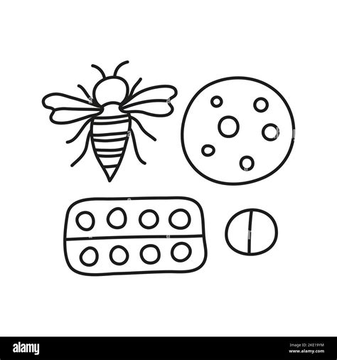 Group of doodle outline allergy icons including skin rash, honey bee ...