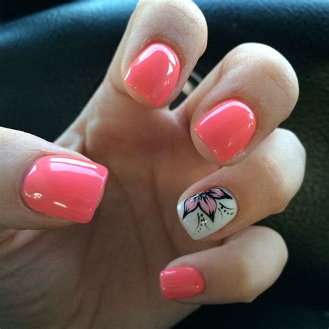 Coral nails with a hand painted flower | Coral nails with design ...