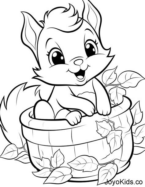 a cute little squirrel sitting in a basket with leaves on the ground coloring pages for kids