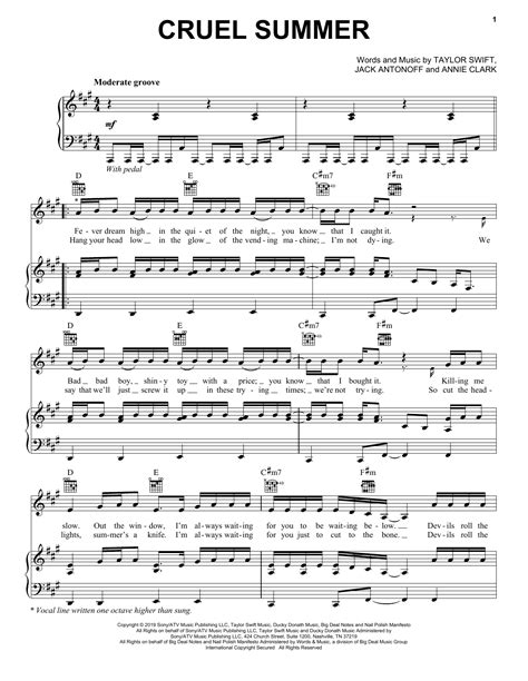 Taylor Swift "Cruel Summer" Sheet Music Notes | Download Printable PDF ...