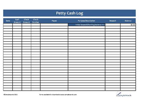 Petty Cash Log - Download Excel Spreadsheet File