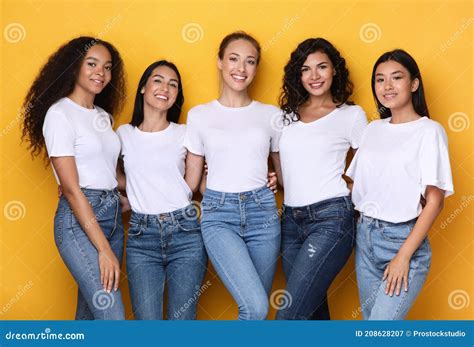Group of Five Diverse Models Ladies Posing on Yellow Background Stock Image - Image of casual ...